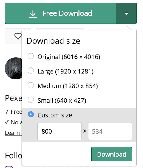 pexels download menu